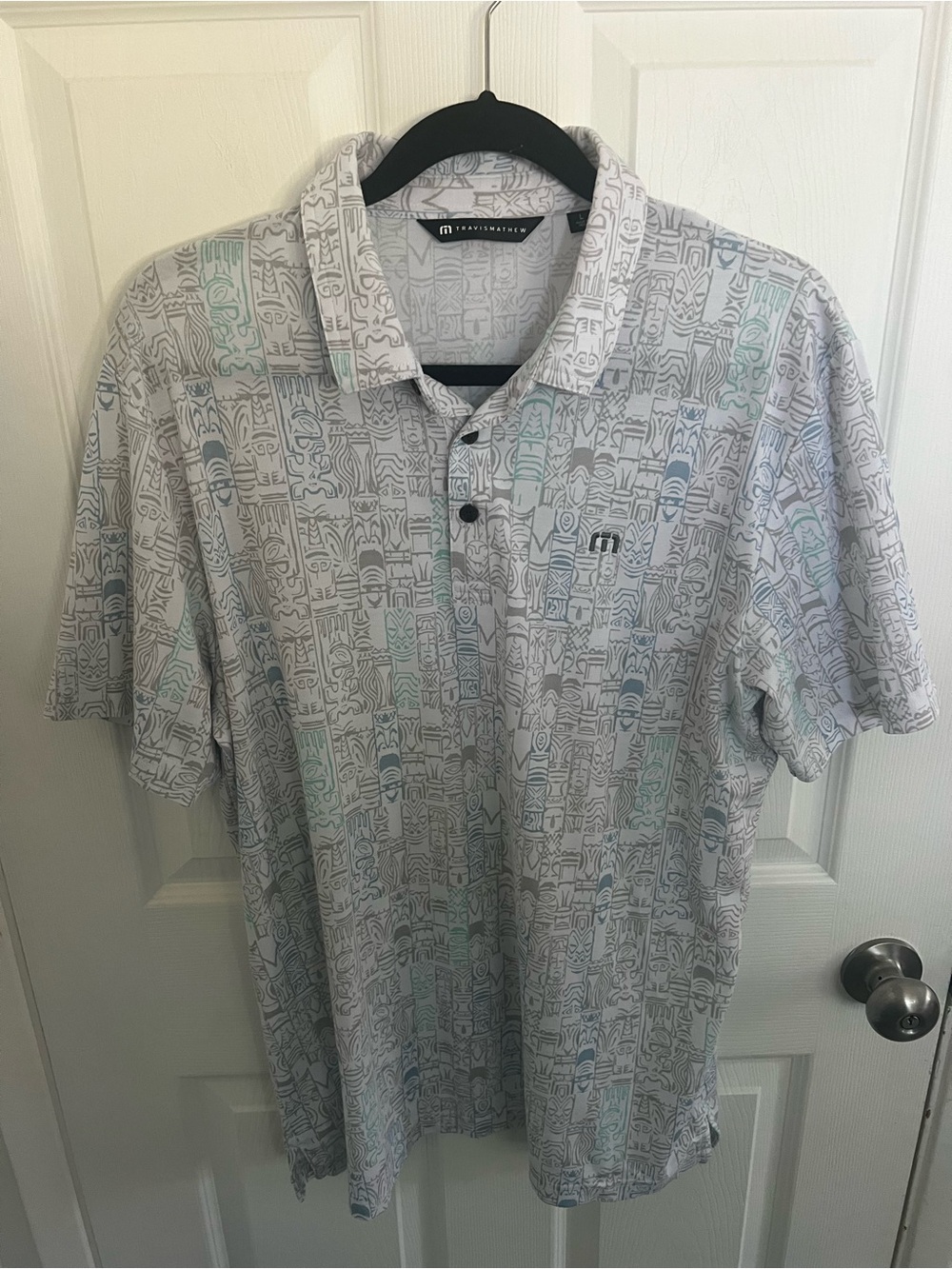 Travis Mathew White Light Gray Polo with Subtle Mint and Blue Print
